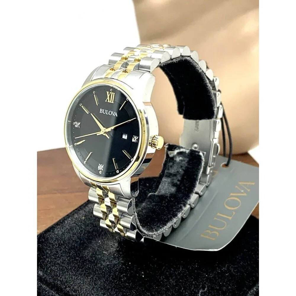 Bulova Women's Watch 98P198 Black Dial Diamond Quartz Two Tone Stainless Steel